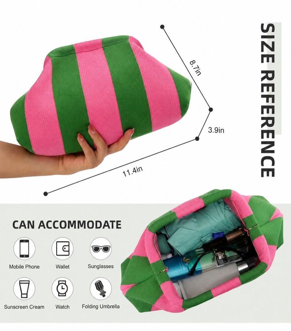 Italian Luxury Boutique Clutch/ Makeup Bag Pink Green Striped NWOT - Picture 4 of 6